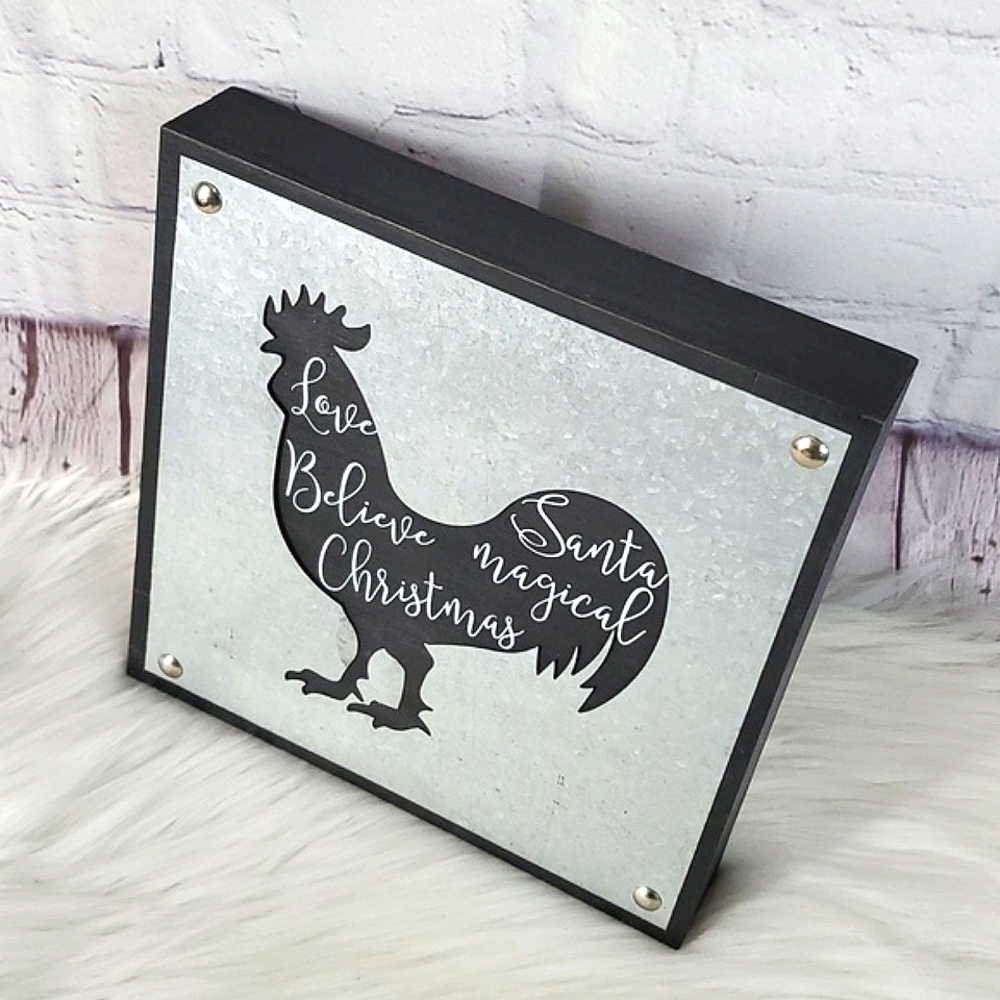 Country Christmas Galvanized Metal Chicken Rooster Xmas Farmhouse Decor 9"x9" - Picture 4 of 8